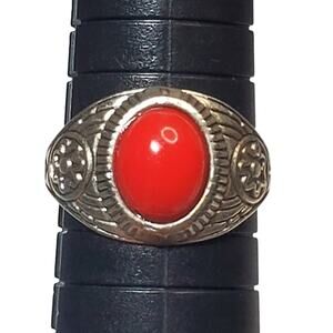Silver Tone Ring Red Oval Cabochon Sz 8.5 Floral Design
